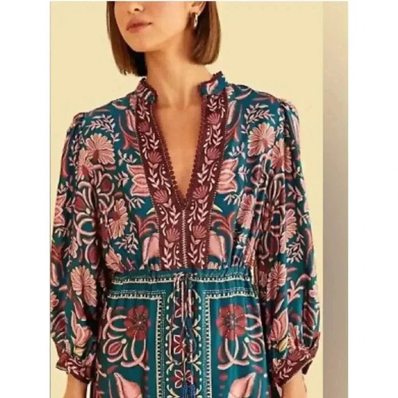 Farm Rio Teal seashell tapestry lenzing™ ecovero™ viscose maxi dress Size S - Picture 2 of 6